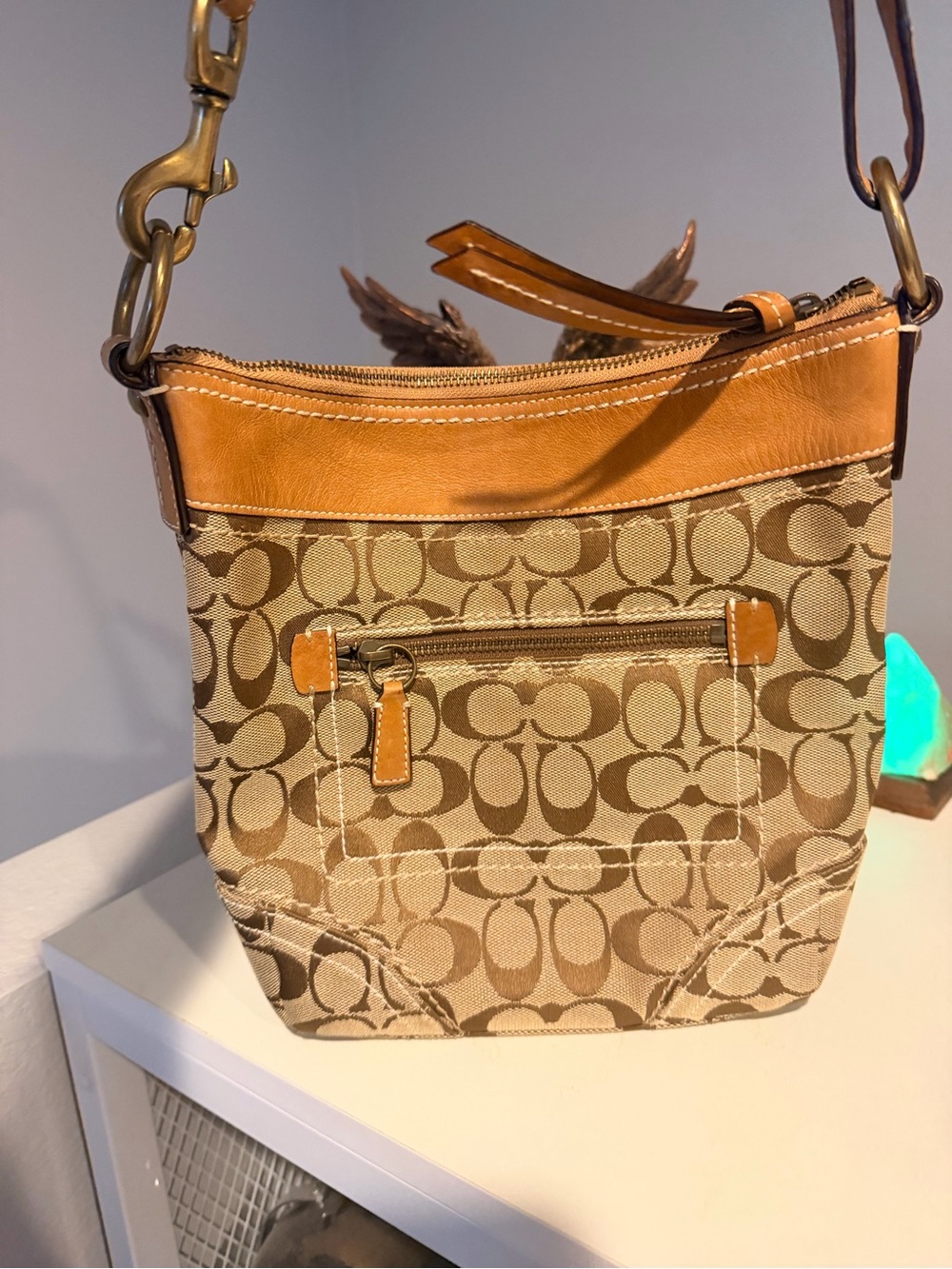 Coach Signature Canvas Shoulder Bag in Brown and Tan